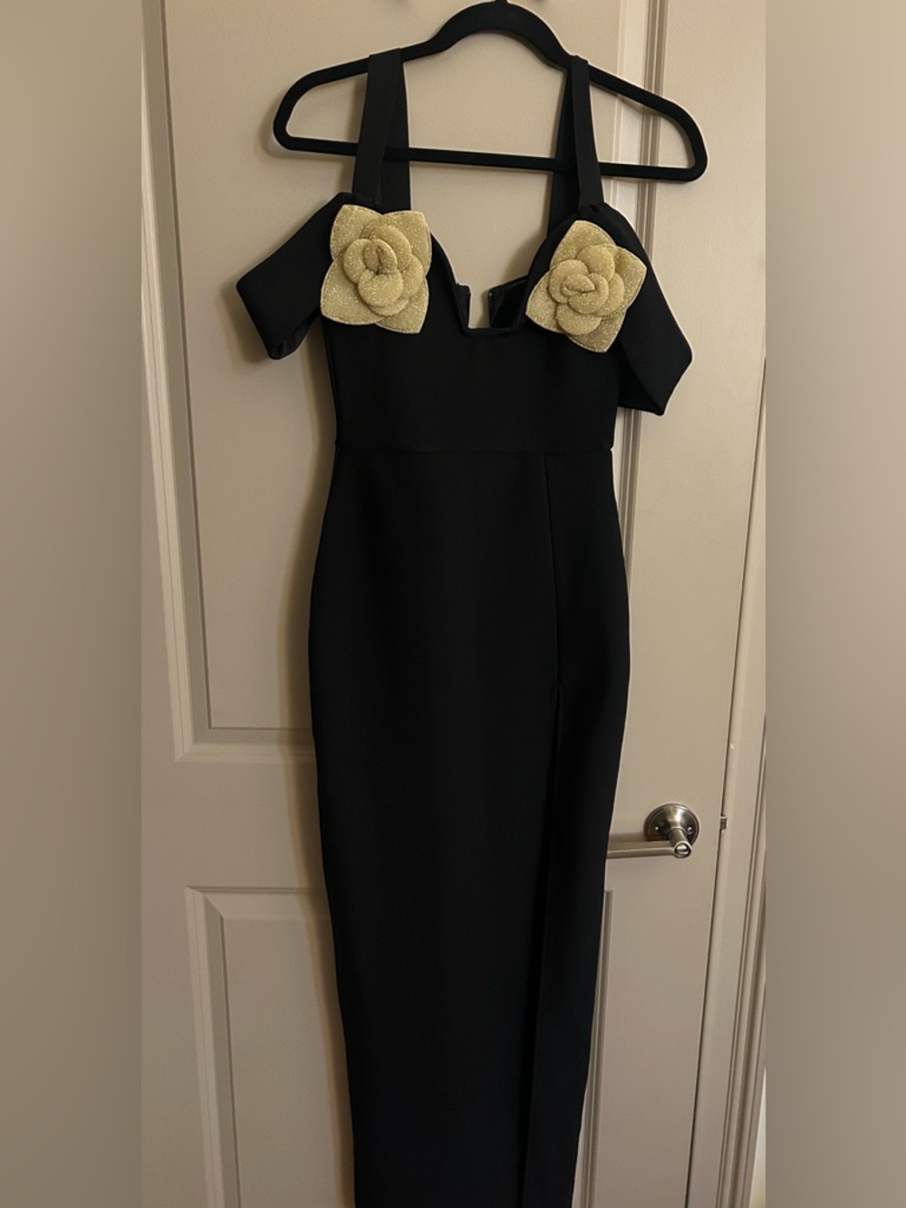Black Off-Shoulder Midi Dress with Gold Floral Accents